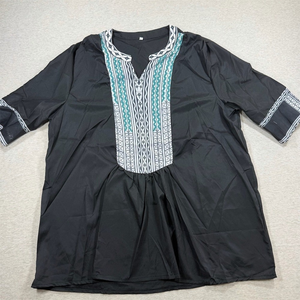 Unbranded Kaftan Tunic Dress Womens‎ 5XL Black Teal Geometric V-Neck 3/4 Sleeve